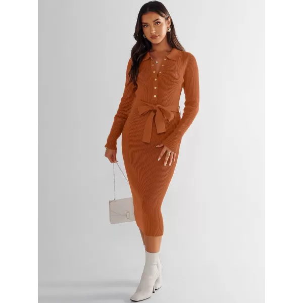 imageANRABESS Womens V Neck Long Sleeve Bodycon Sweater Dress 2023 Fall Button Up Tie Waist Sexy Ribbed Knit Midi DressesOrange