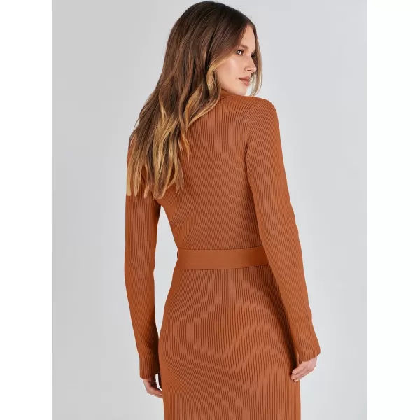 imageANRABESS Womens V Neck Long Sleeve Bodycon Sweater Dress 2023 Fall Button Up Tie Waist Sexy Ribbed Knit Midi DressesOrange