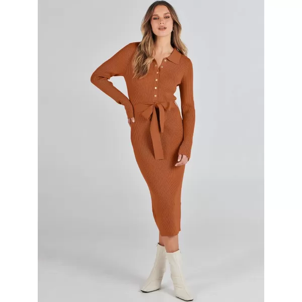 imageANRABESS Womens V Neck Long Sleeve Bodycon Sweater Dress 2023 Fall Button Up Tie Waist Sexy Ribbed Knit Midi DressesOrange