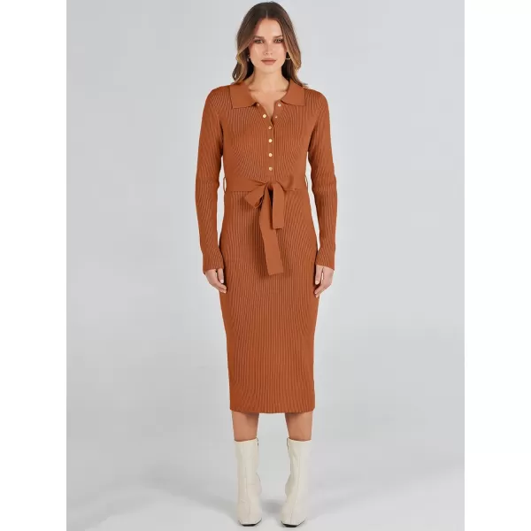 imageANRABESS Womens V Neck Long Sleeve Bodycon Sweater Dress 2023 Fall Button Up Tie Waist Sexy Ribbed Knit Midi DressesOrange