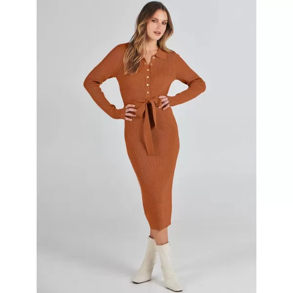 imageANRABESS Womens V Neck Long Sleeve Bodycon Sweater Dress 2023 Fall Button Up Tie Waist Sexy Ribbed Knit Midi DressesOrange
