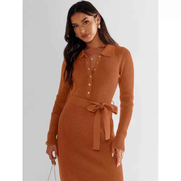 imageANRABESS Womens V Neck Long Sleeve Bodycon Sweater Dress 2023 Fall Button Up Tie Waist Sexy Ribbed Knit Midi DressesOrange