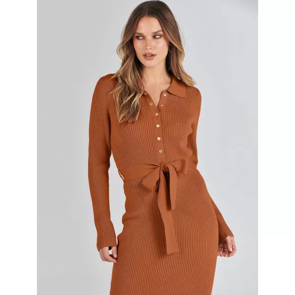 imageANRABESS Womens V Neck Long Sleeve Bodycon Sweater Dress 2023 Fall Button Up Tie Waist Sexy Ribbed Knit Midi DressesOrange