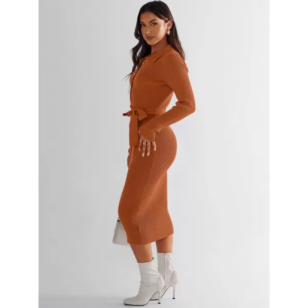 imageANRABESS Womens V Neck Long Sleeve Bodycon Sweater Dress 2023 Fall Button Up Tie Waist Sexy Ribbed Knit Midi DressesOrange