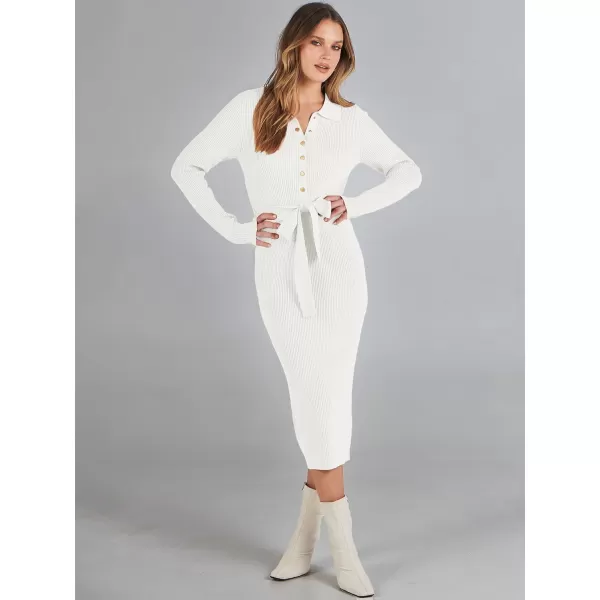 imageANRABESS Womens V Neck Long Sleeve Bodycon Sweater Dress 2023 Fall Button Up Tie Waist Sexy Ribbed Knit Midi DressesWhite