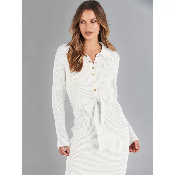 imageANRABESS Womens V Neck Long Sleeve Bodycon Sweater Dress 2023 Fall Button Up Tie Waist Sexy Ribbed Knit Midi DressesWhite