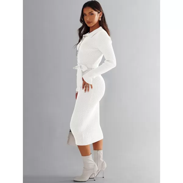 imageANRABESS Womens V Neck Long Sleeve Bodycon Sweater Dress 2023 Fall Button Up Tie Waist Sexy Ribbed Knit Midi DressesWhite