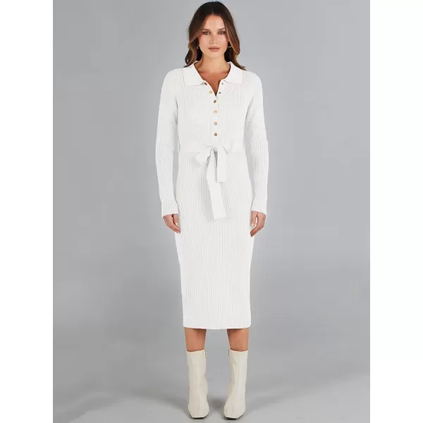 imageANRABESS Womens V Neck Long Sleeve Bodycon Sweater Dress 2023 Fall Button Up Tie Waist Sexy Ribbed Knit Midi DressesWhite