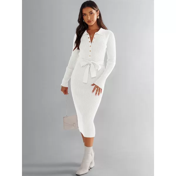 imageANRABESS Womens V Neck Long Sleeve Bodycon Sweater Dress 2023 Fall Button Up Tie Waist Sexy Ribbed Knit Midi DressesWhite