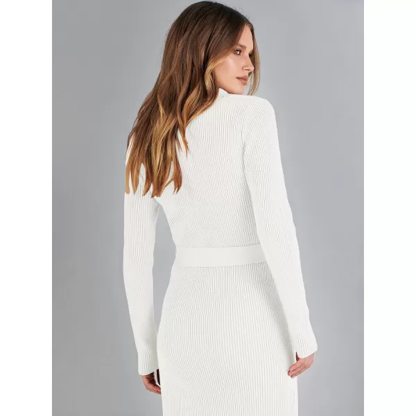imageANRABESS Womens V Neck Long Sleeve Bodycon Sweater Dress 2023 Fall Button Up Tie Waist Sexy Ribbed Knit Midi DressesWhite