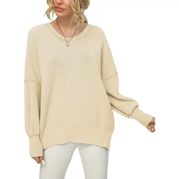 imageANRABESS Womens V Neck Long Sleeve Oversized Side Slit Ribbed Knit Pullover Sweater TopApricot