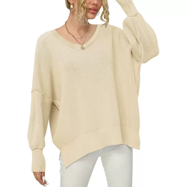 imageANRABESS Womens V Neck Long Sleeve Oversized Side Slit Ribbed Knit Pullover Sweater TopApricot
