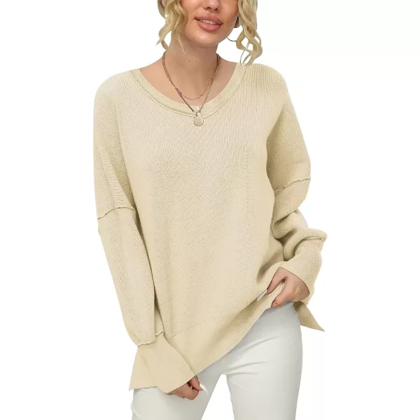 imageANRABESS Womens V Neck Long Sleeve Oversized Side Slit Ribbed Knit Pullover Sweater TopApricot