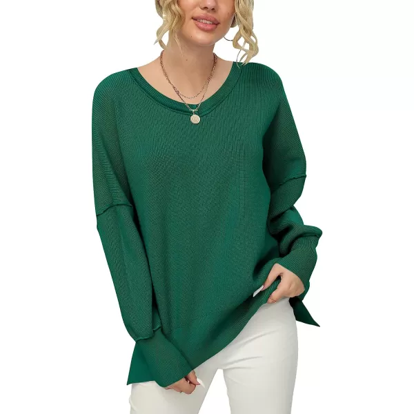 imageANRABESS Womens V Neck Long Sleeve Oversized Side Slit Ribbed Knit Pullover Sweater TopGrass