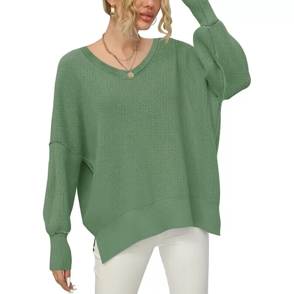imageANRABESS Womens V Neck Long Sleeve Oversized Side Slit Ribbed Knit Pullover Sweater TopGreen Gray