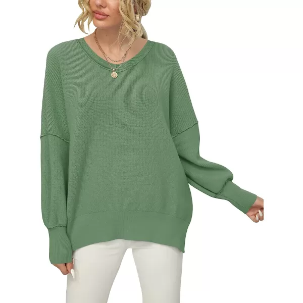 imageANRABESS Womens V Neck Long Sleeve Oversized Side Slit Ribbed Knit Pullover Sweater TopGreen Gray