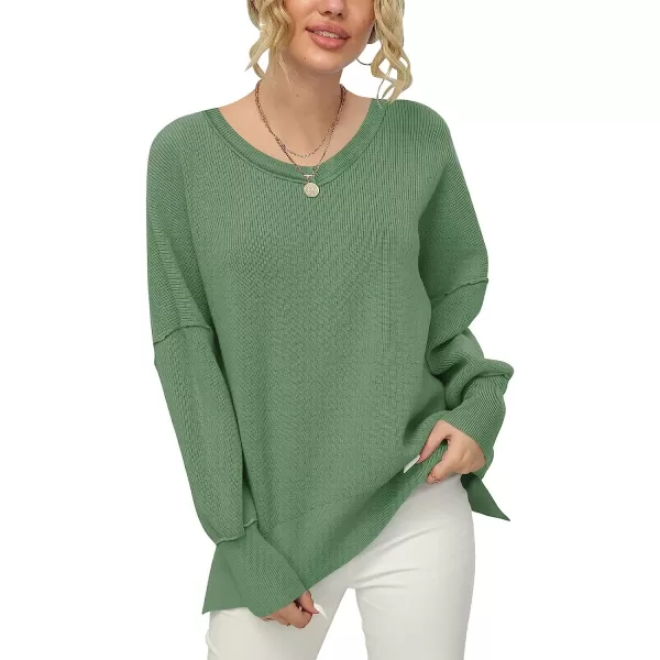 imageANRABESS Womens V Neck Long Sleeve Oversized Side Slit Ribbed Knit Pullover Sweater TopGreen Gray
