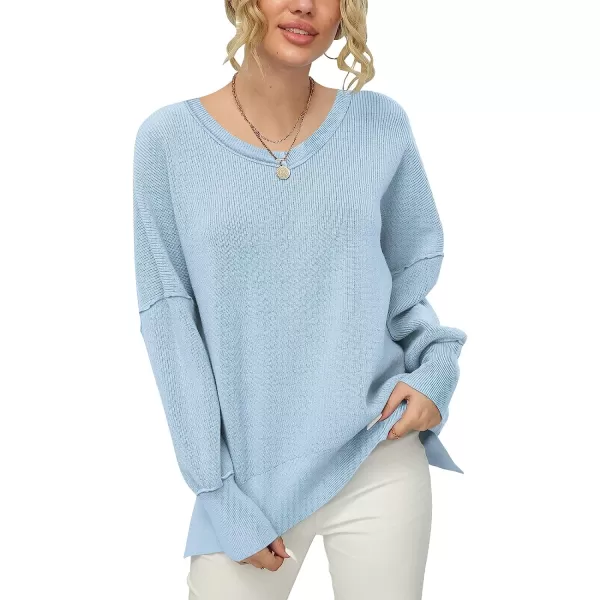 imageANRABESS Womens V Neck Long Sleeve Oversized Side Slit Ribbed Knit Pullover Sweater TopLight Blue