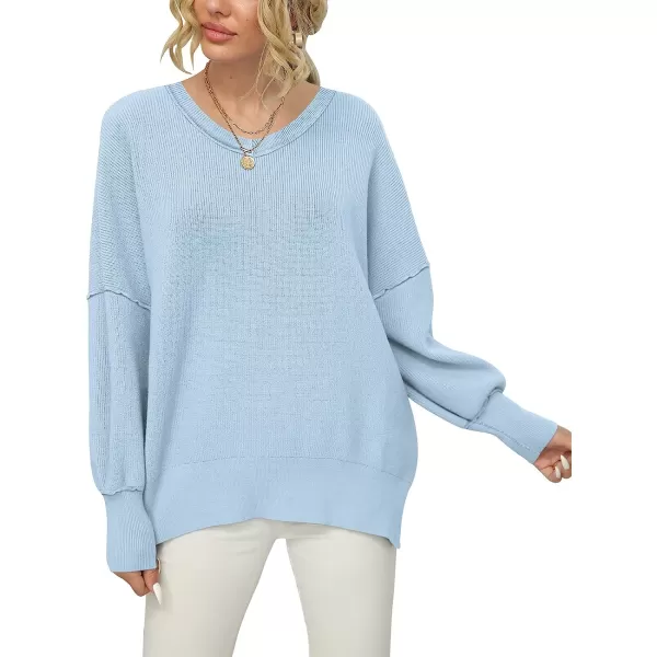 imageANRABESS Womens V Neck Long Sleeve Oversized Side Slit Ribbed Knit Pullover Sweater TopLight Blue