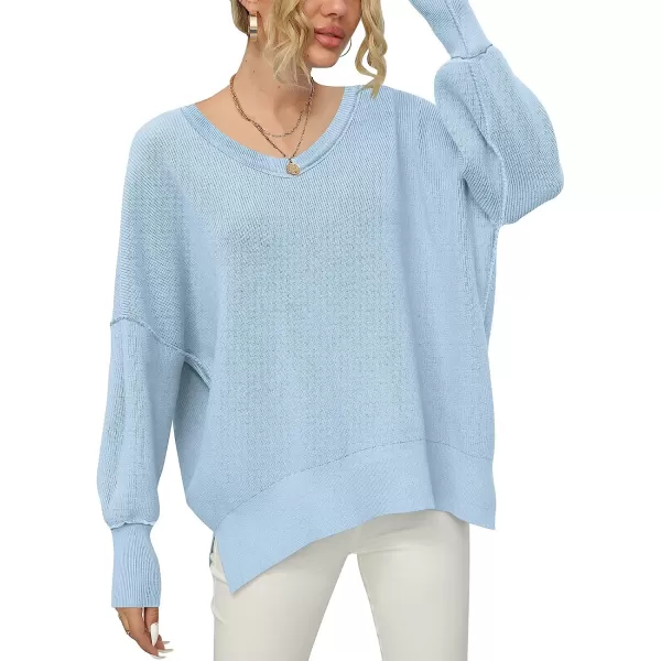 imageANRABESS Womens V Neck Long Sleeve Oversized Side Slit Ribbed Knit Pullover Sweater TopLight Blue