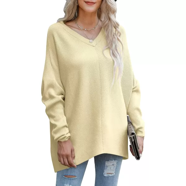 imageANRABESS Womens V Neck Oversized Long Batwing Sleeve Asymmetric Hem Casual Pullover Sweater Knit TopsApricot