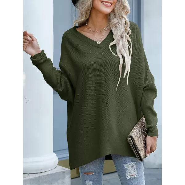 imageANRABESS Womens V Neck Oversized Long Batwing Sleeve Asymmetric Hem Casual Pullover Sweater Knit TopsArmy Green