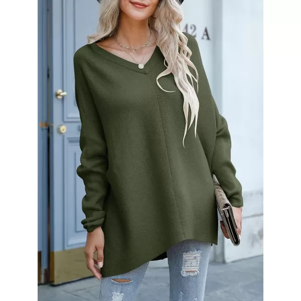 imageANRABESS Womens V Neck Oversized Long Batwing Sleeve Asymmetric Hem Casual Pullover Sweater Knit TopsArmy Green