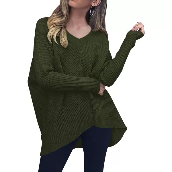 imageANRABESS Womens V Neck Oversized Long Batwing Sleeve Asymmetric Hem Casual Pullover Sweater Knit TopsArmy Green