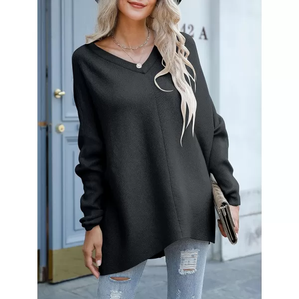 imageANRABESS Womens V Neck Oversized Long Batwing Sleeve Asymmetric Hem Casual Pullover Sweater Knit TopsBlack