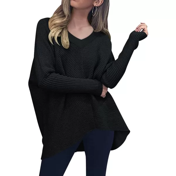 imageANRABESS Womens V Neck Oversized Long Batwing Sleeve Asymmetric Hem Casual Pullover Sweater Knit TopsBlack
