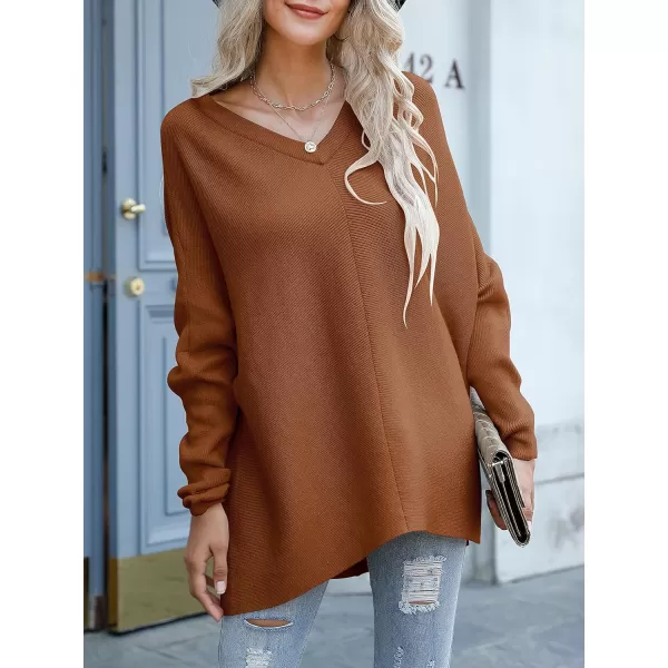 imageANRABESS Womens V Neck Oversized Long Batwing Sleeve Asymmetric Hem Casual Pullover Sweater Knit TopsCaramel