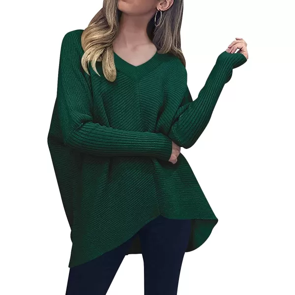 imageANRABESS Womens V Neck Oversized Long Batwing Sleeve Asymmetric Hem Casual Pullover Sweater Knit TopsDark Green