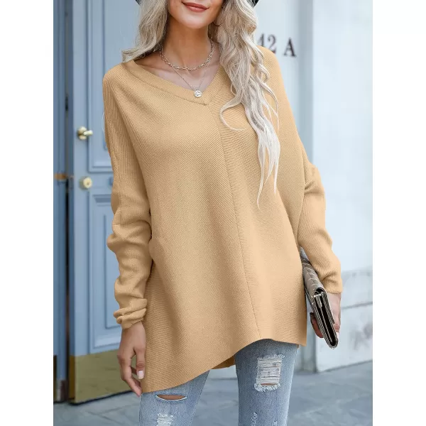imageANRABESS Womens V Neck Oversized Long Batwing Sleeve Asymmetric Hem Casual Pullover Sweater Knit TopsDeep Apricot