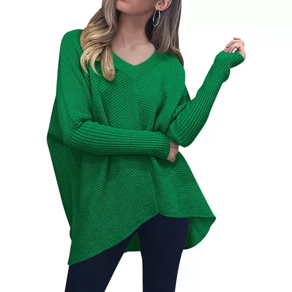 imageANRABESS Womens V Neck Oversized Long Batwing Sleeve Asymmetric Hem Casual Pullover Sweater Knit TopsGrass