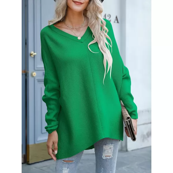 imageANRABESS Womens V Neck Oversized Long Batwing Sleeve Asymmetric Hem Casual Pullover Sweater Knit TopsGrass