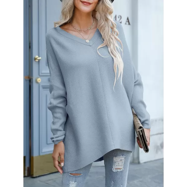 imageANRABESS Womens V Neck Oversized Long Batwing Sleeve Asymmetric Hem Casual Pullover Sweater Knit TopsGray Blue