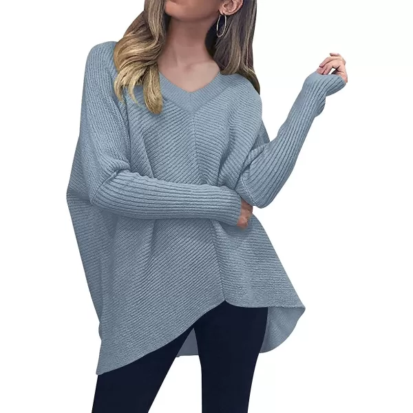 imageANRABESS Womens V Neck Oversized Long Batwing Sleeve Asymmetric Hem Casual Pullover Sweater Knit TopsGray Blue