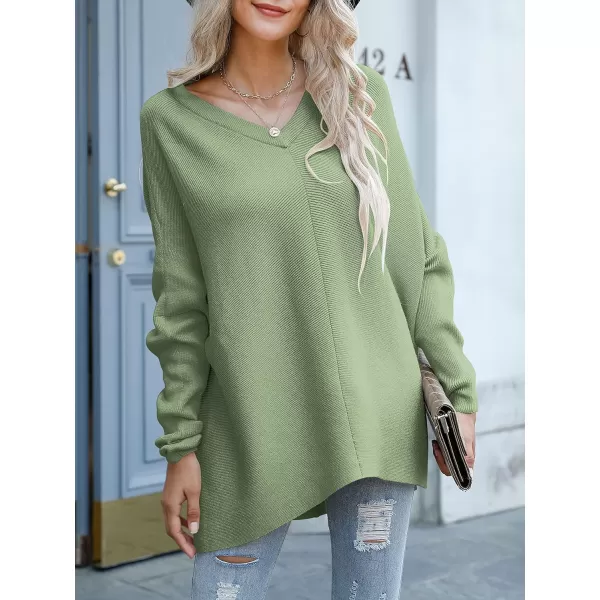 imageANRABESS Womens V Neck Oversized Long Batwing Sleeve Asymmetric Hem Casual Pullover Sweater Knit TopsLight Green