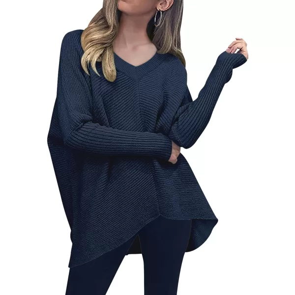 imageANRABESS Womens V Neck Oversized Long Batwing Sleeve Asymmetric Hem Casual Pullover Sweater Knit TopsNavy Blue