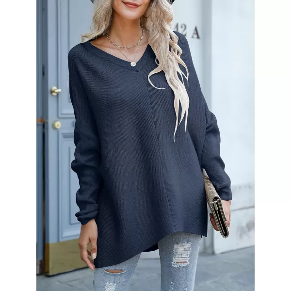 imageANRABESS Womens V Neck Oversized Long Batwing Sleeve Asymmetric Hem Casual Pullover Sweater Knit TopsNavy Blue