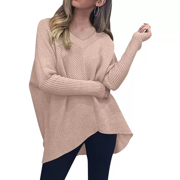 imageANRABESS Womens V Neck Oversized Long Batwing Sleeve Asymmetric Hem Casual Pullover Sweater Knit TopsPink