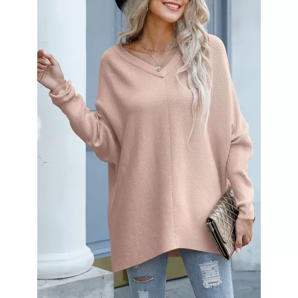imageANRABESS Womens V Neck Oversized Long Batwing Sleeve Asymmetric Hem Casual Pullover Sweater Knit TopsPink