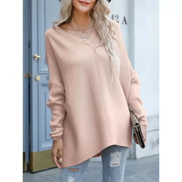 imageANRABESS Womens V Neck Oversized Long Batwing Sleeve Asymmetric Hem Casual Pullover Sweater Knit TopsPink