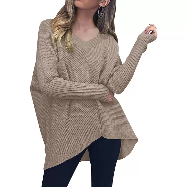 imageANRABESS Womens V Neck Oversized Long Batwing Sleeve Asymmetric Hem Casual Pullover Sweater Knit TopsPink Apricot