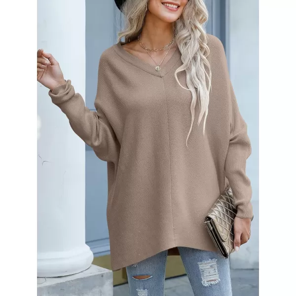 imageANRABESS Womens V Neck Oversized Long Batwing Sleeve Asymmetric Hem Casual Pullover Sweater Knit TopsPink Apricot