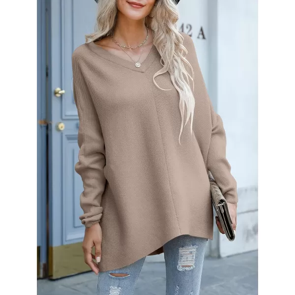 imageANRABESS Womens V Neck Oversized Long Batwing Sleeve Asymmetric Hem Casual Pullover Sweater Knit TopsPink Apricot