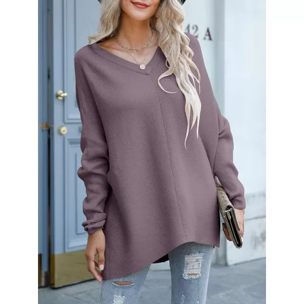 imageANRABESS Womens V Neck Oversized Long Batwing Sleeve Asymmetric Hem Casual Pullover Sweater Knit TopsPurple