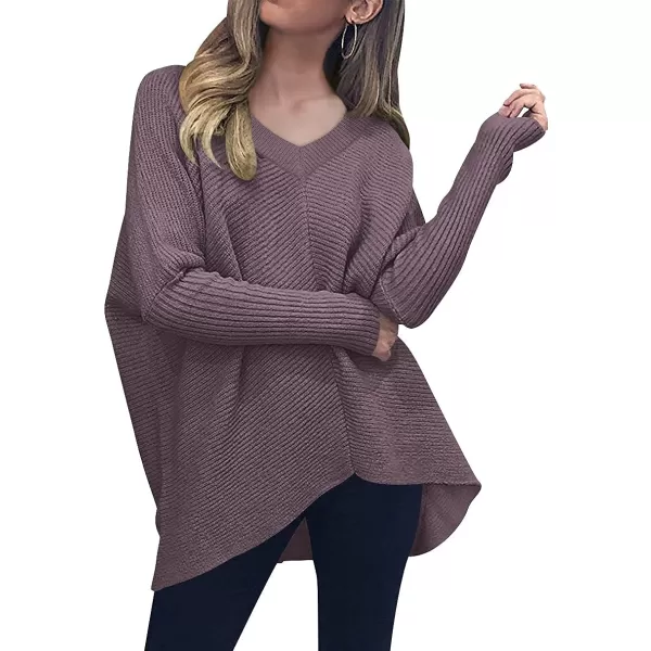 imageANRABESS Womens V Neck Oversized Long Batwing Sleeve Asymmetric Hem Casual Pullover Sweater Knit TopsPurple
