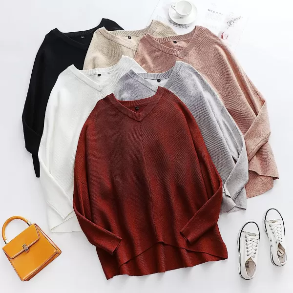 imageANRABESS Womens V Neck Oversized Long Batwing Sleeve Asymmetric Hem Casual Pullover Sweater Knit TopsRust