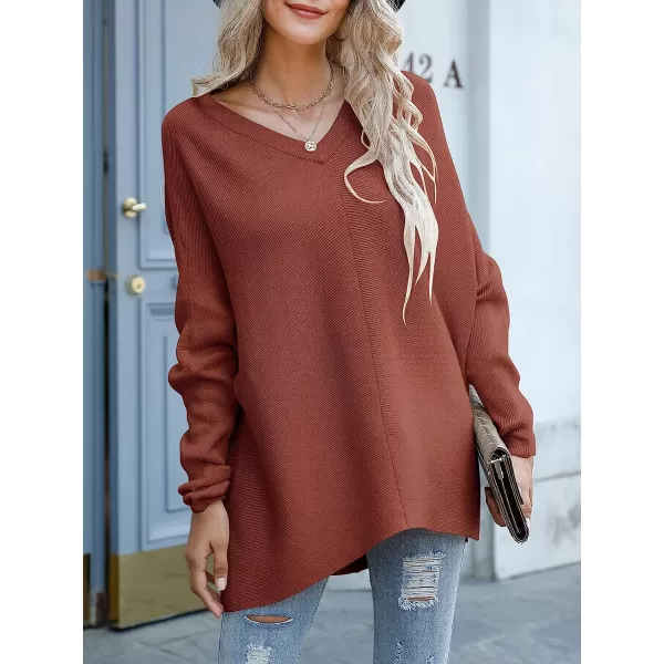 imageANRABESS Womens V Neck Oversized Long Batwing Sleeve Asymmetric Hem Casual Pullover Sweater Knit TopsRust